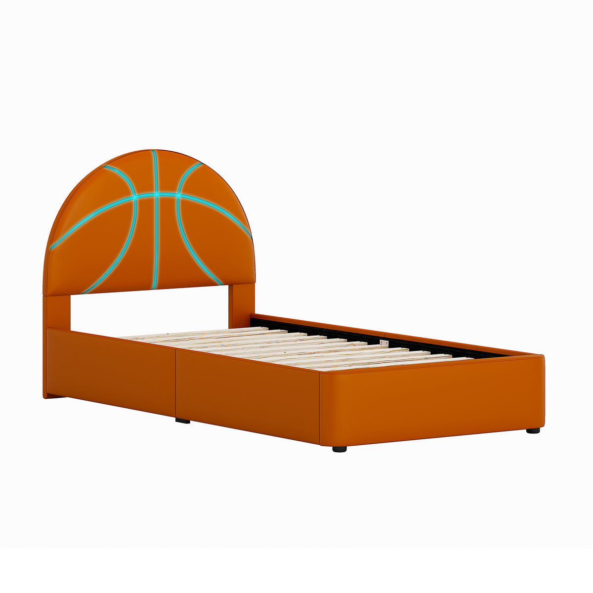 Champion Upholstered Complete Twin Platform Basketball Bed with LED, Orange Faux Leather