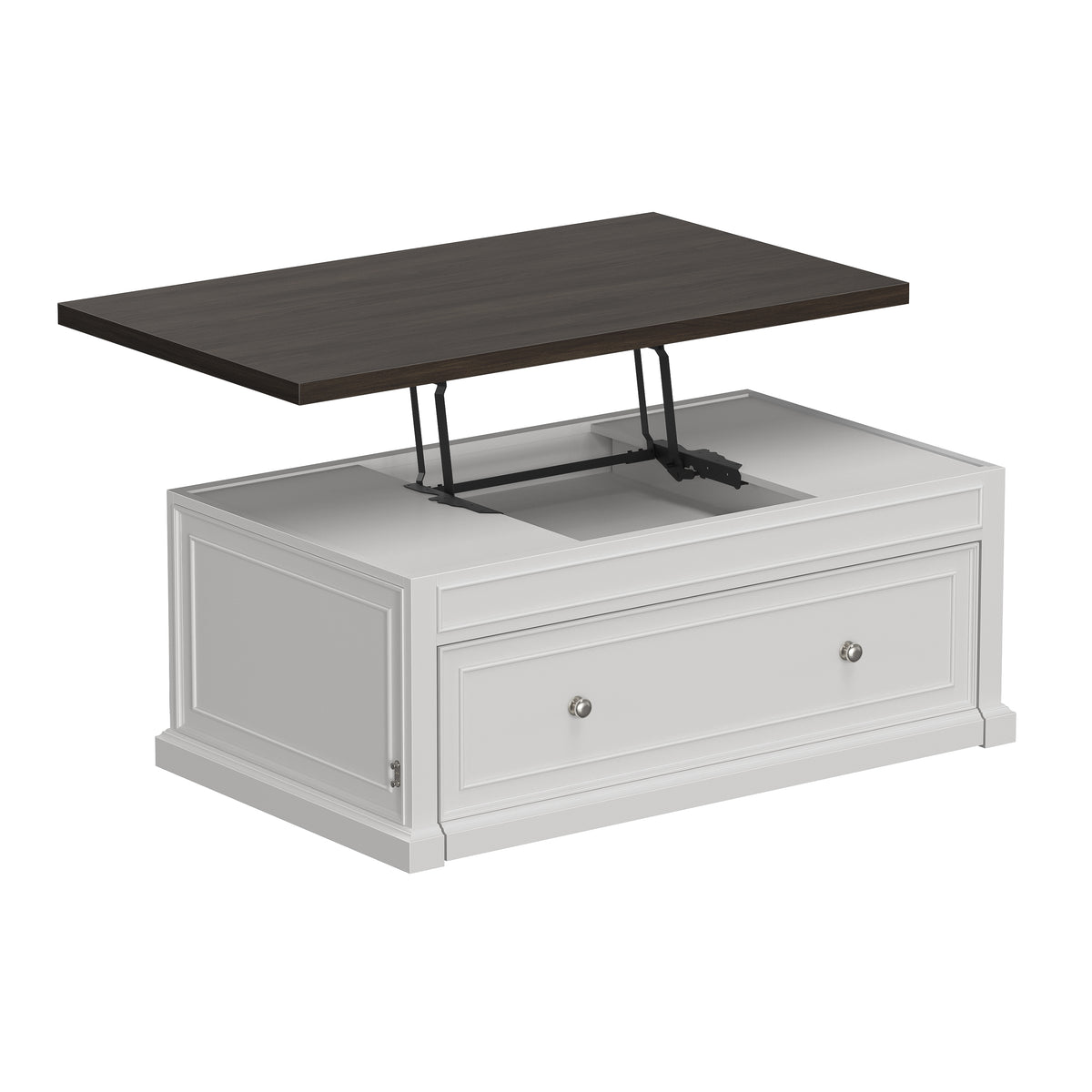 Soren Wood Twin Lift Top Coffee Table Dream Console with Mattress and Cover, White Base and Brown Top