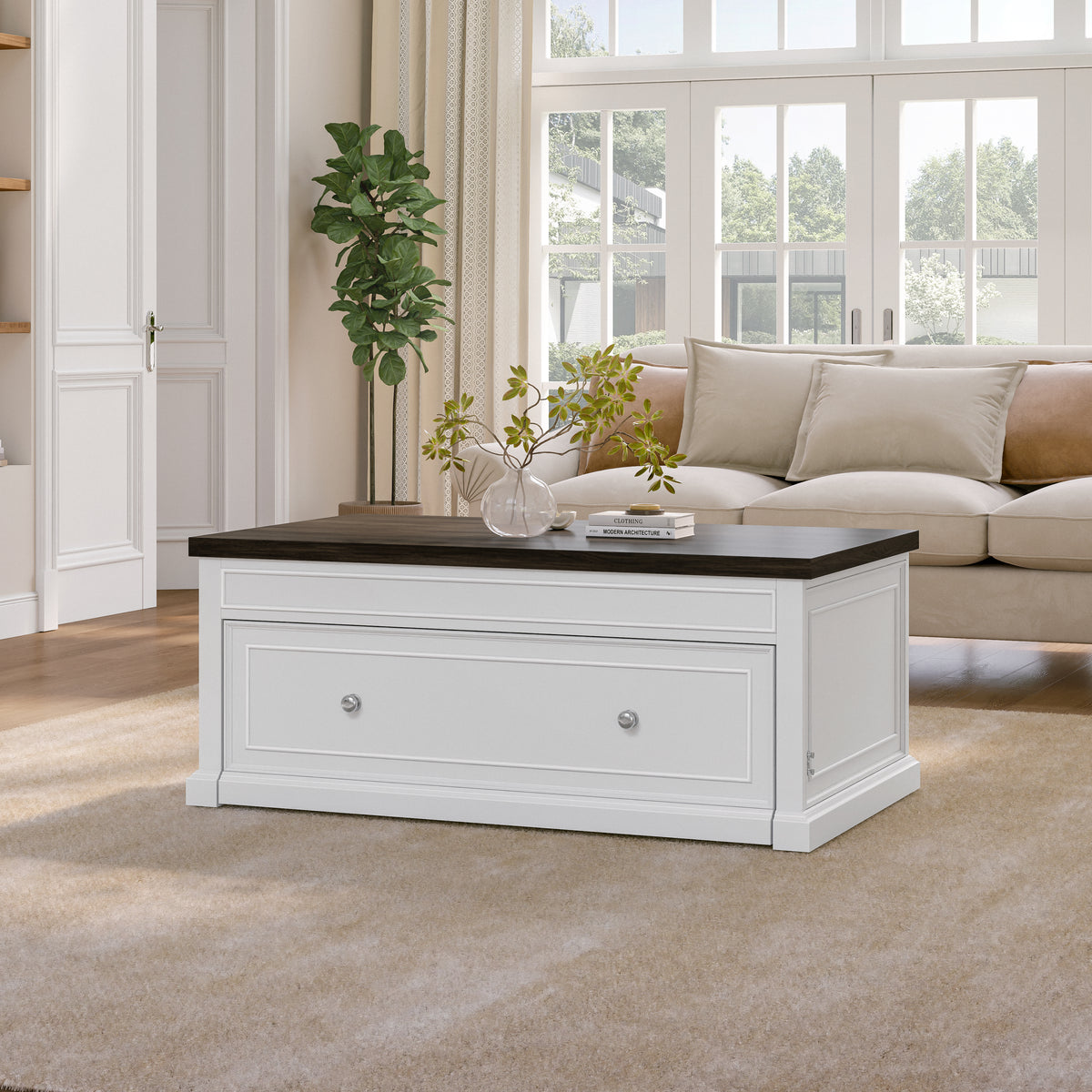 Soren Wood Twin Lift Top Coffee Table Dream Console with Mattress and Cover, White Base and Brown Top