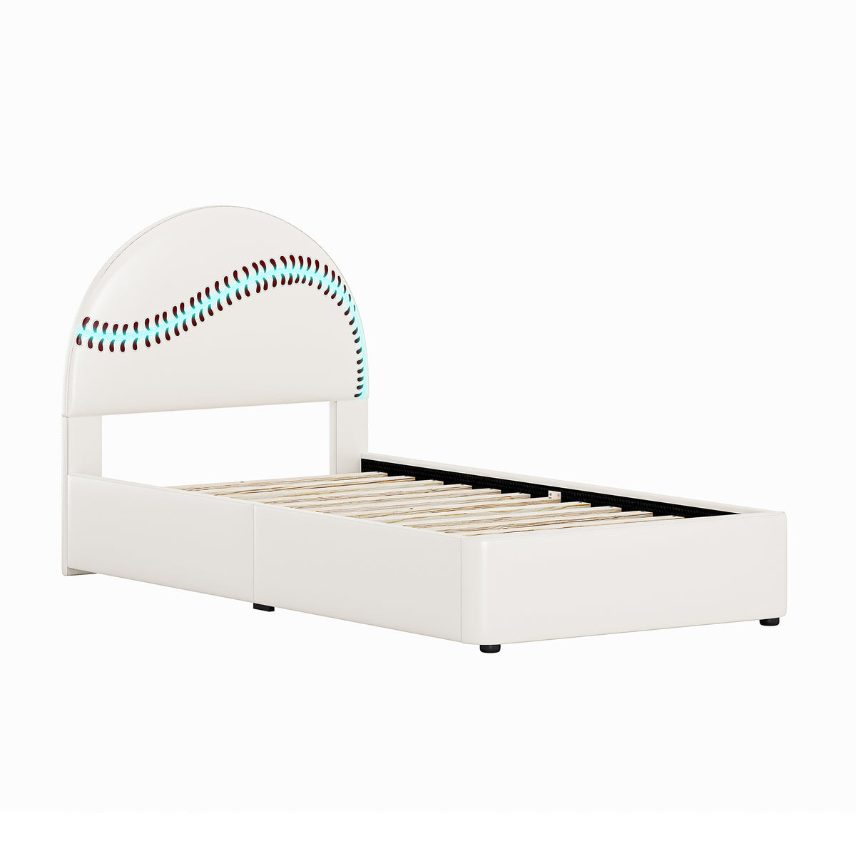 Champion Upholstered Complete Twin Platform Baseball Bed with LED, White PU