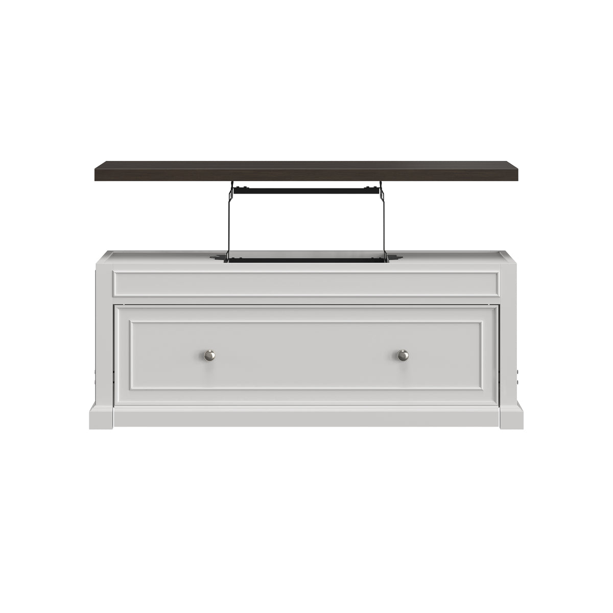 Soren Wood Twin Lift Top Coffee Table Dream Console with Mattress and Cover, White Base and Brown Top