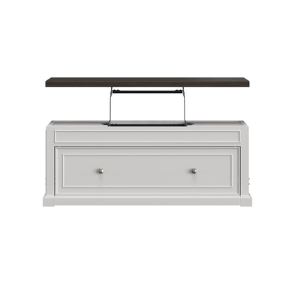 Soren Wood Twin Lift Top Coffee Table Dream Console with Mattress and Cover, White Base and Brown Top