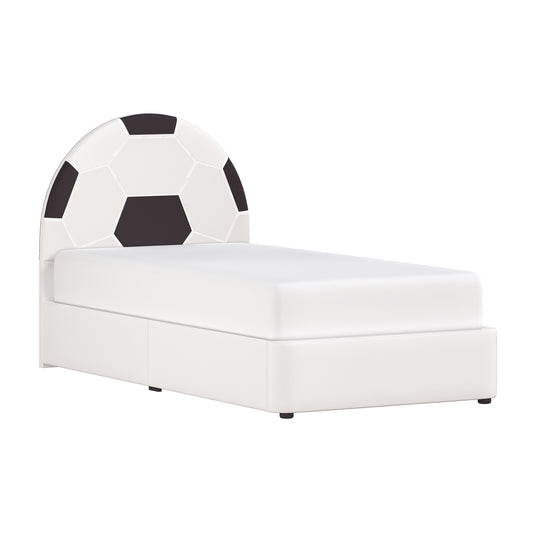 Champion Upholstered Complete Twin Platform Soccer Bed with LED, Black and White PU