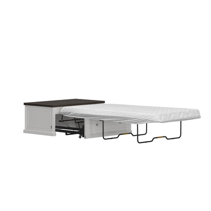 Soren Wood Twin Lift Top Coffee Table Dream Console with Mattress and Cover, White Base and Brown Top