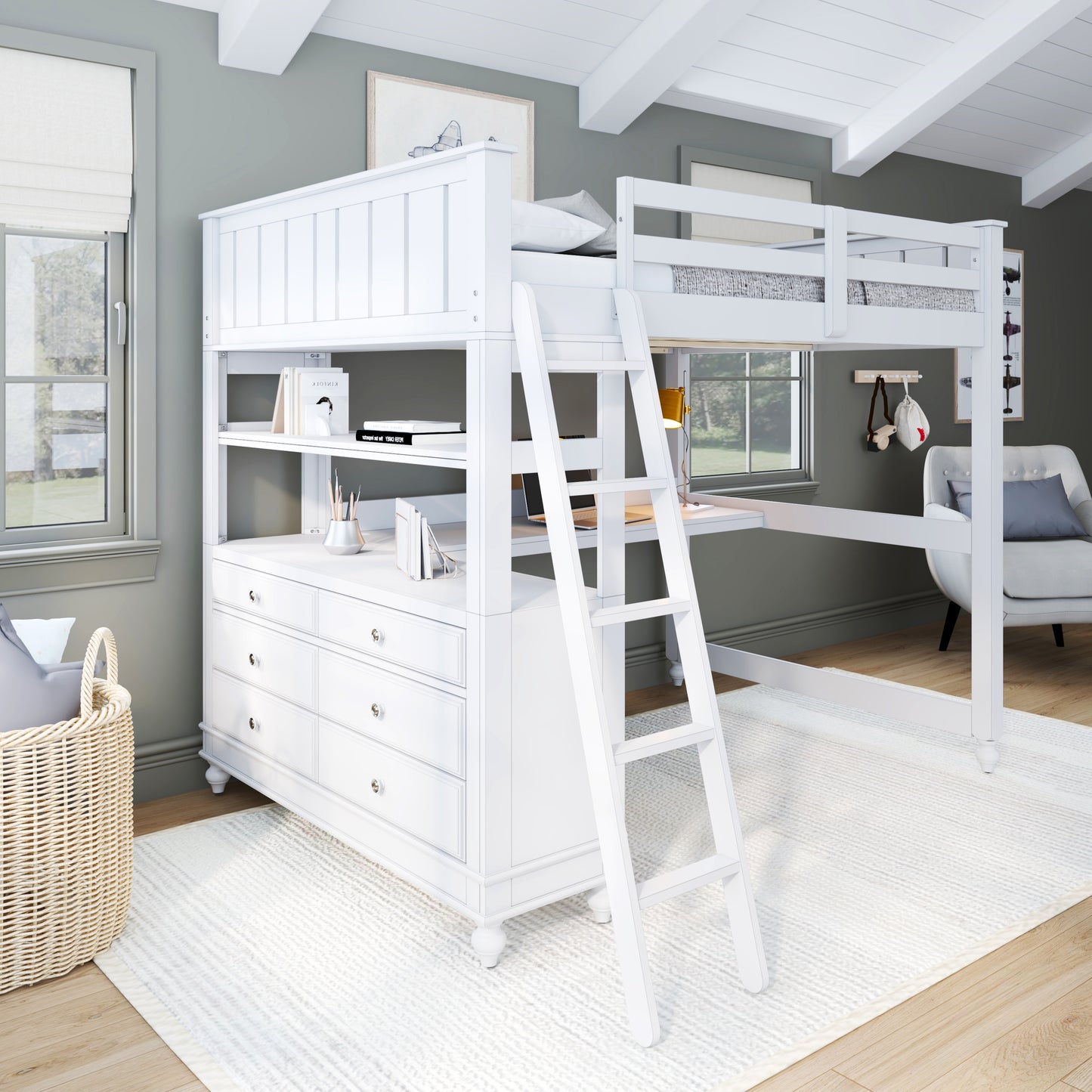 Lake House Wood Loft Bed with Desk