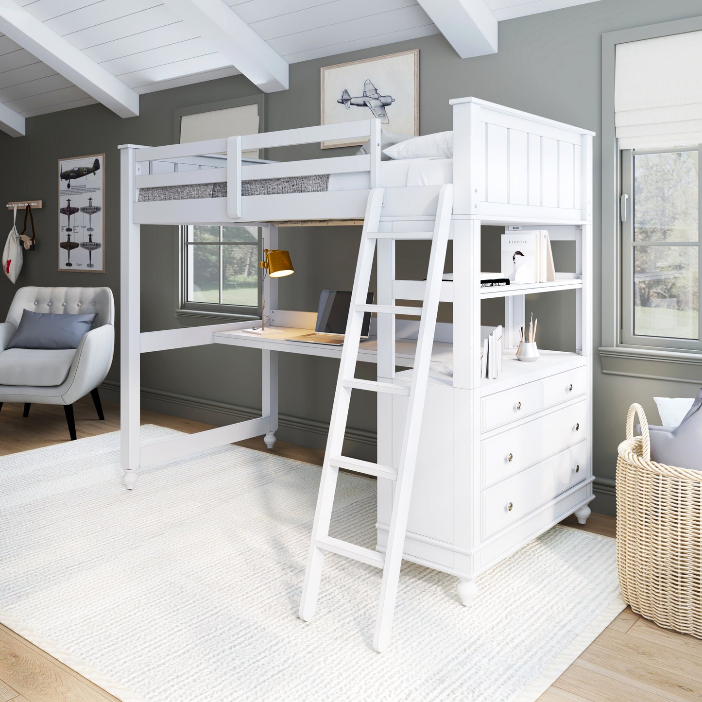 Lake House Wood Loft Bed with Desk