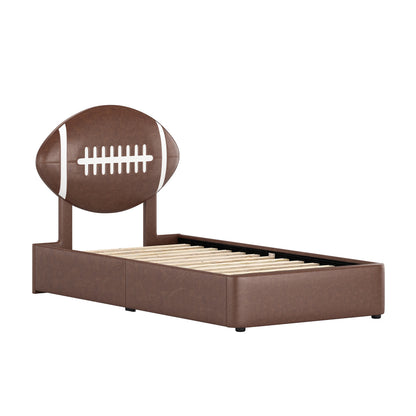 Champion Upholstered Complete Twin Platform Football Bed with LED, Brown Faux Leather