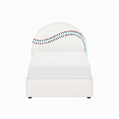 Champion Upholstered Complete Twin Platform Baseball Bed with LED, White PU