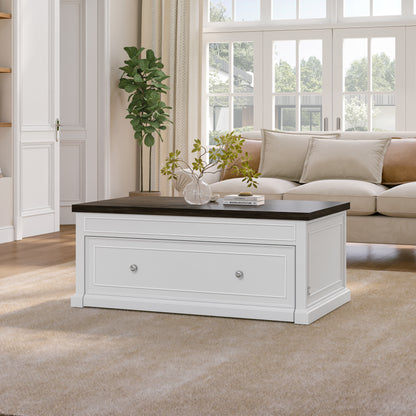 Soren Wood Twin Lift Top Coffee Table Dream Console with Mattress and Cover, White Base and Brown Top