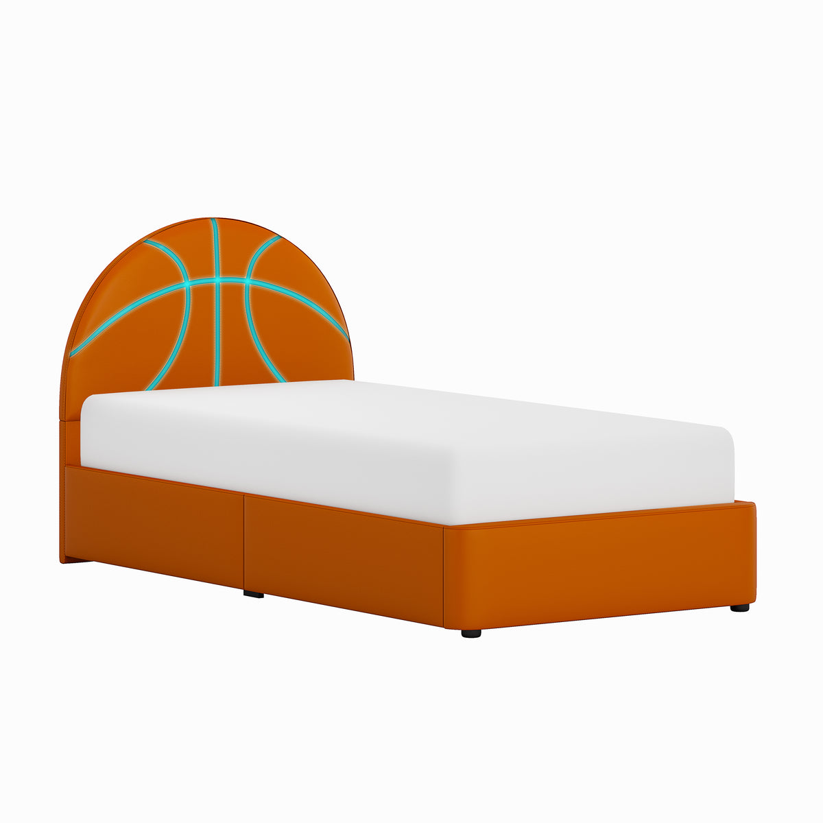 Champion Upholstered Complete Twin Platform Basketball Bed with LED, Orange Faux Leather