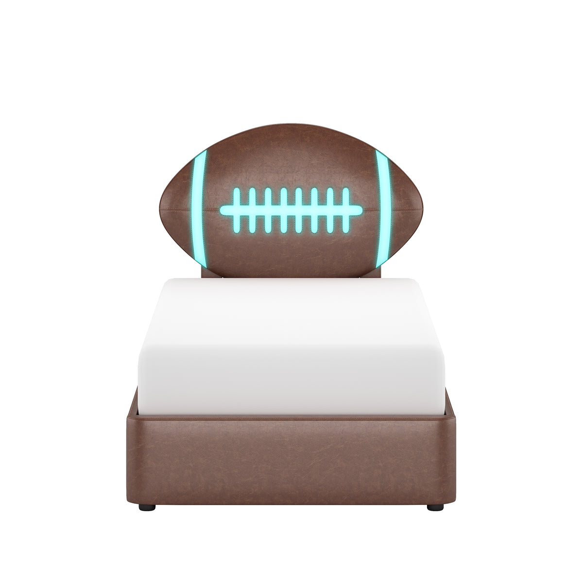 Champion Upholstered Complete Twin Platform Football Bed with LED, Brown Faux Leather