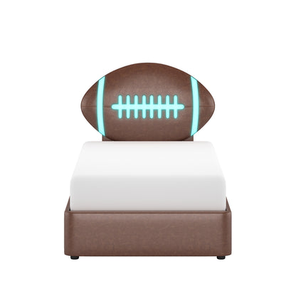 Champion Upholstered Complete Twin Platform Football Bed with LED, Brown Faux Leather