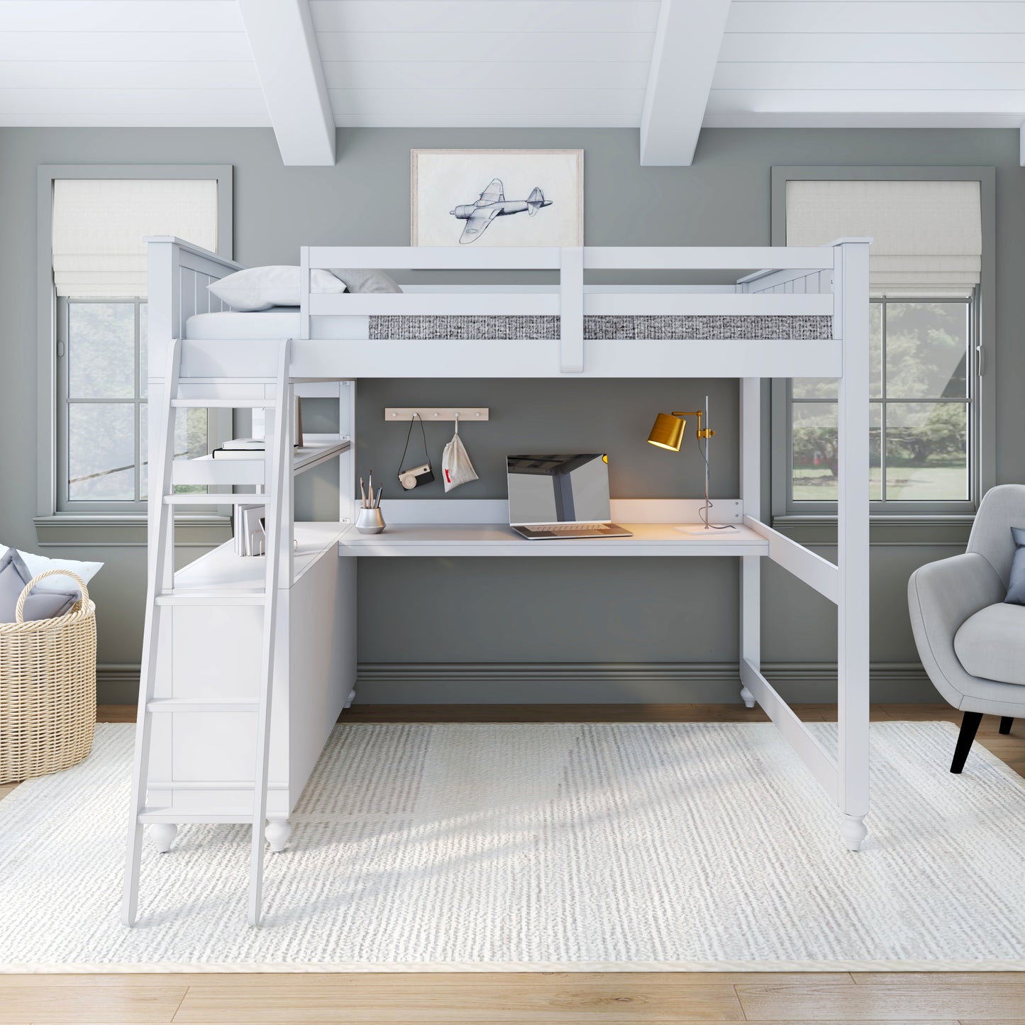 Lake House Wood Loft Bed with Desk