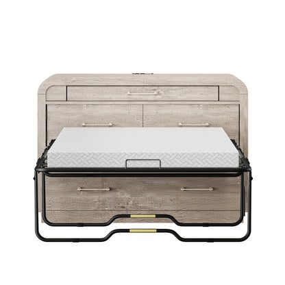 Juna Wood Twin Desk Dream Console with Mattress and Rounded Corners, Harvest Birch Gray