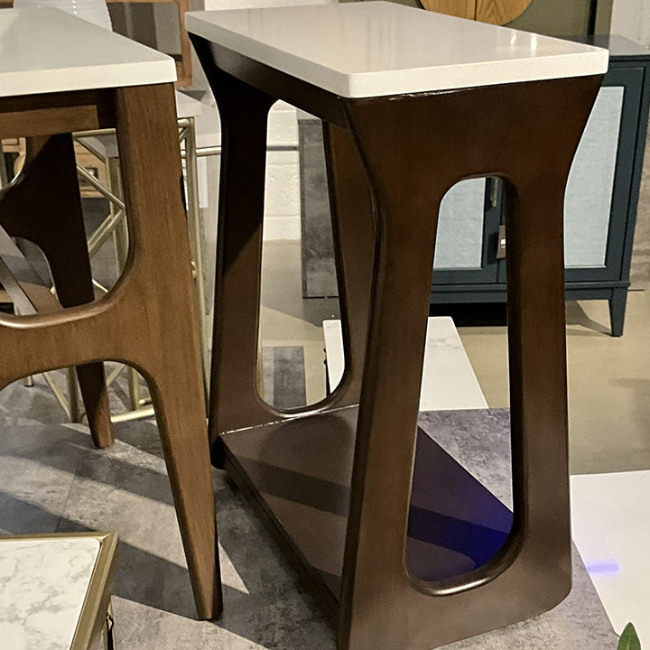 West Park Wood Accent Table with Bottom Shelf, Stone Top and Decorative Curved Side Panels