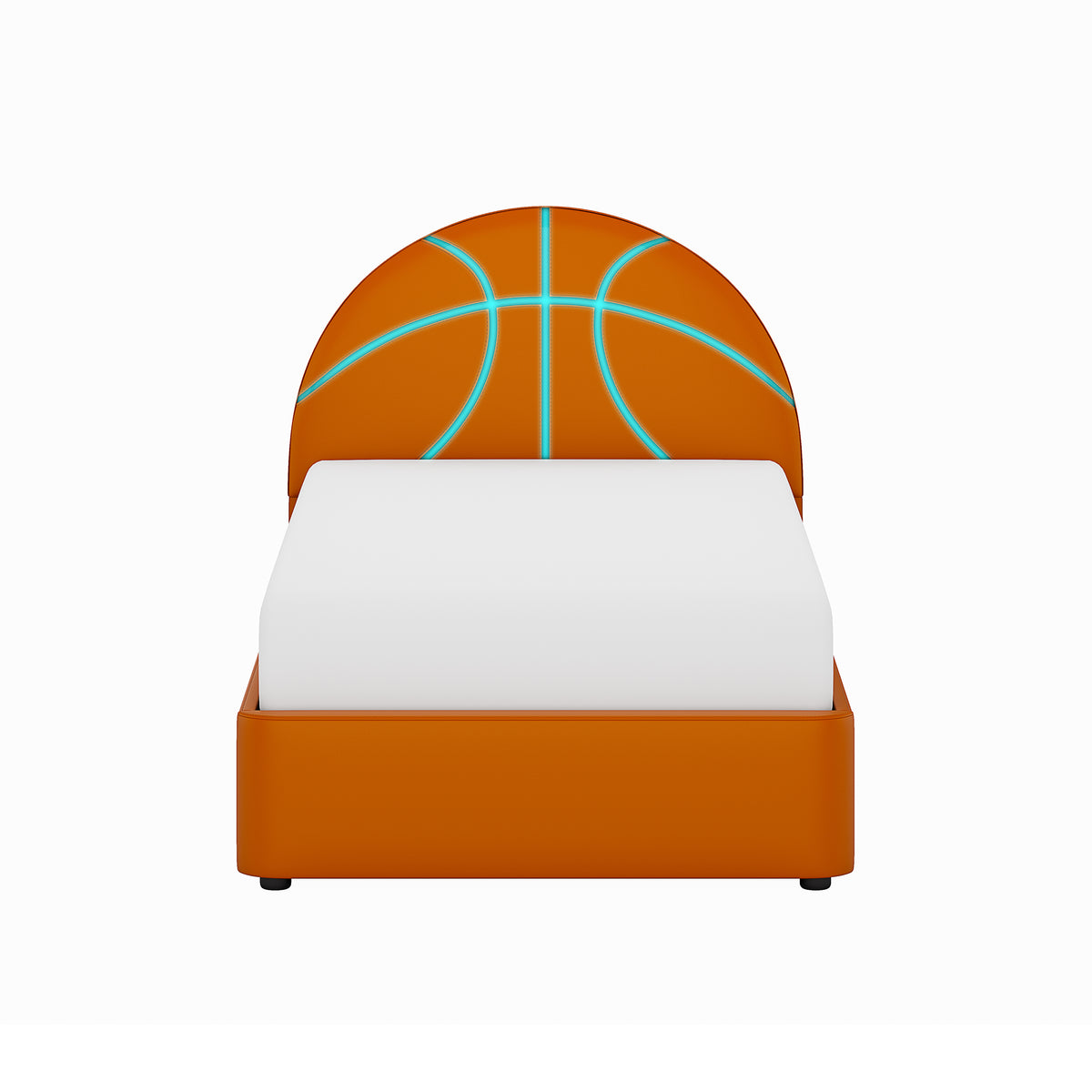 Champion Upholstered Complete Twin Platform Basketball Bed with LED, Orange Faux Leather