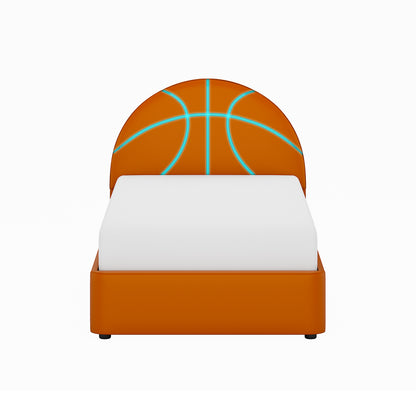 Champion Upholstered Complete Twin Platform Basketball Bed with LED, Orange Faux Leather