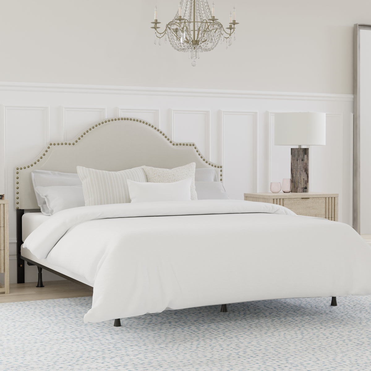 Cynthia Upholstered Bed with Frame, Cream