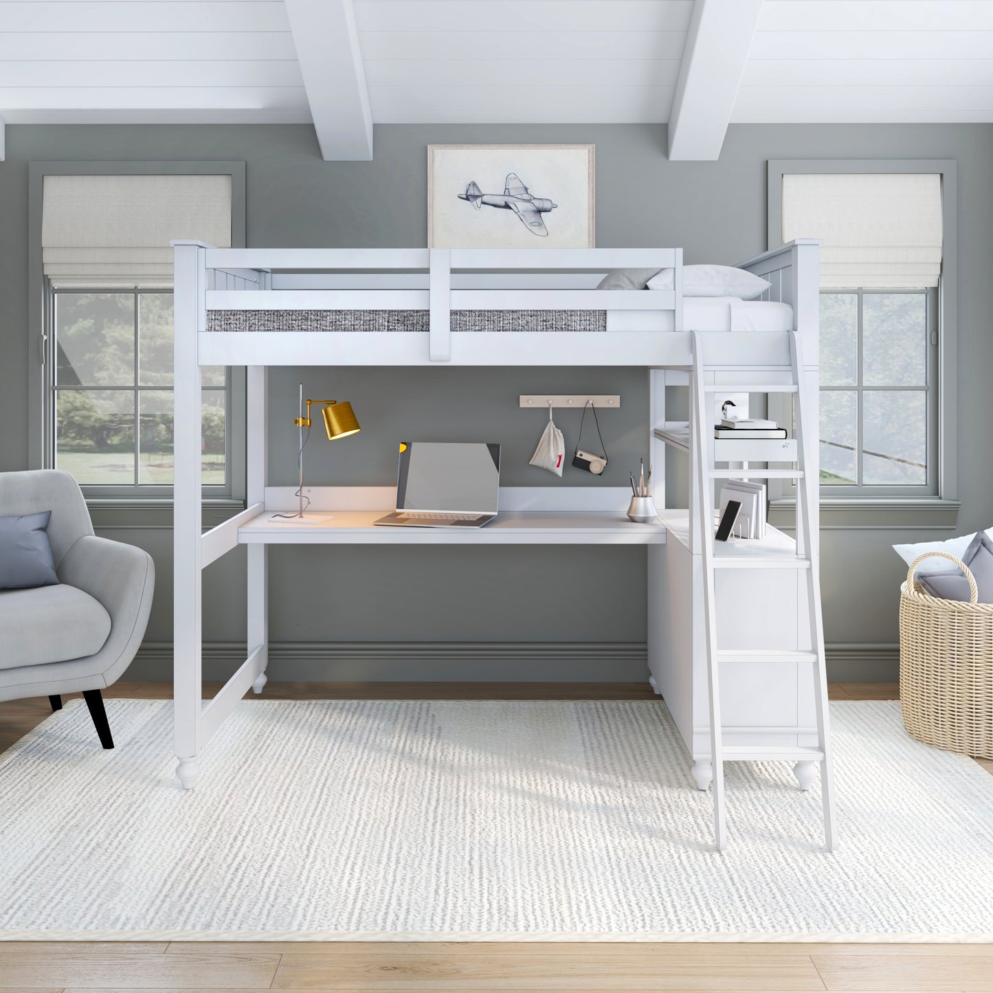 Lake House Wood Loft Bed with Desk