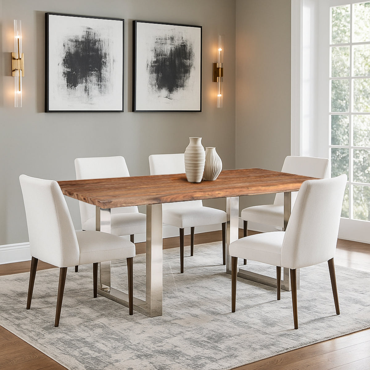 Luxe Wood and Metal Dining Table, Brownstone
