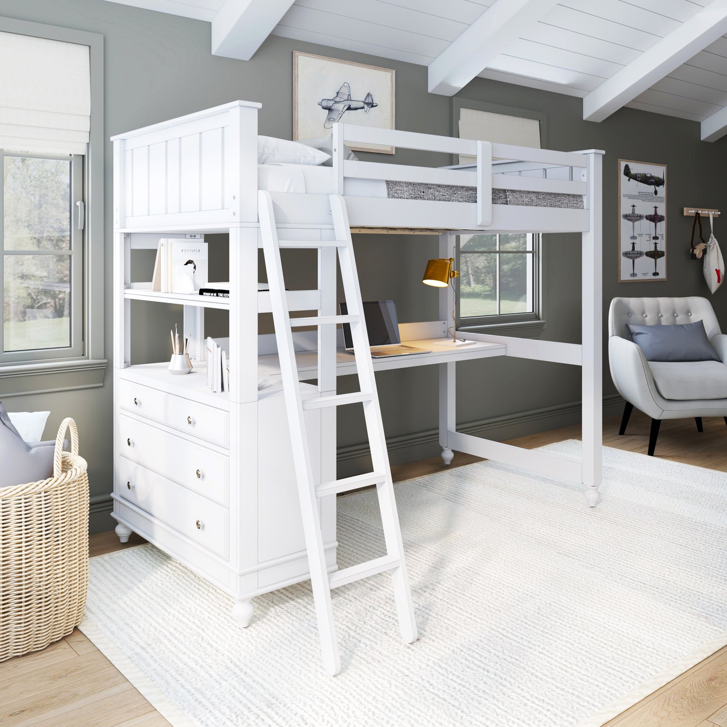 Lake House Wood Loft Bed with Desk