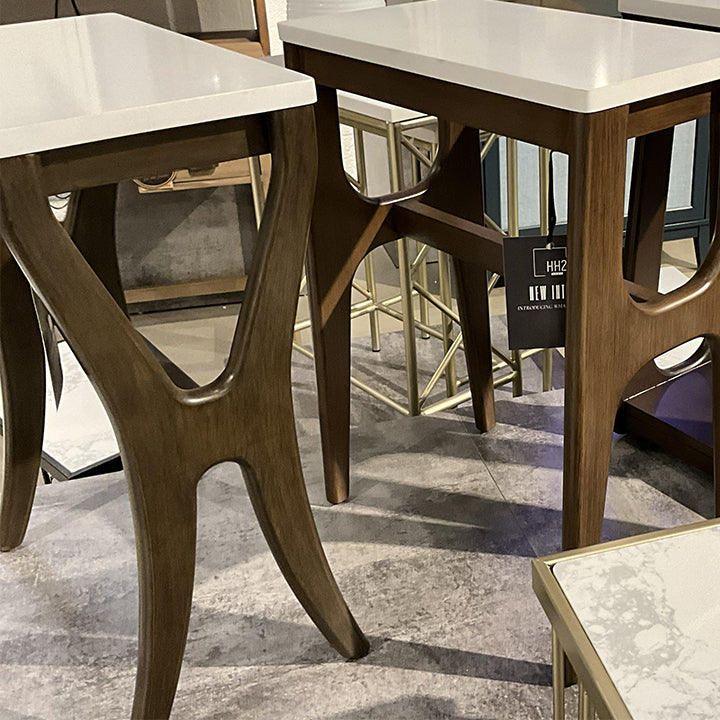 West Park Wood Accent Table with Stone Top and Curved X Side Panels