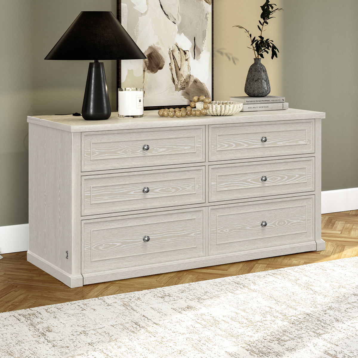 Soren Wood Queen 4 Drawer Dresser Dream Console with Mattress and Cover, Whitewash