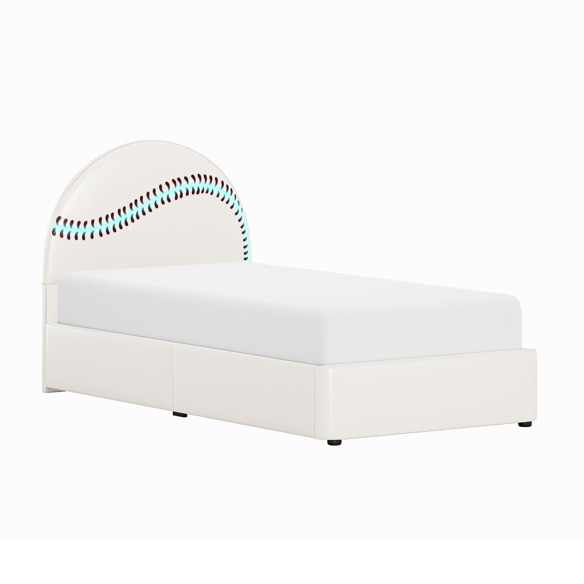 Champion Upholstered Complete Twin Platform Baseball Bed with LED, White PU