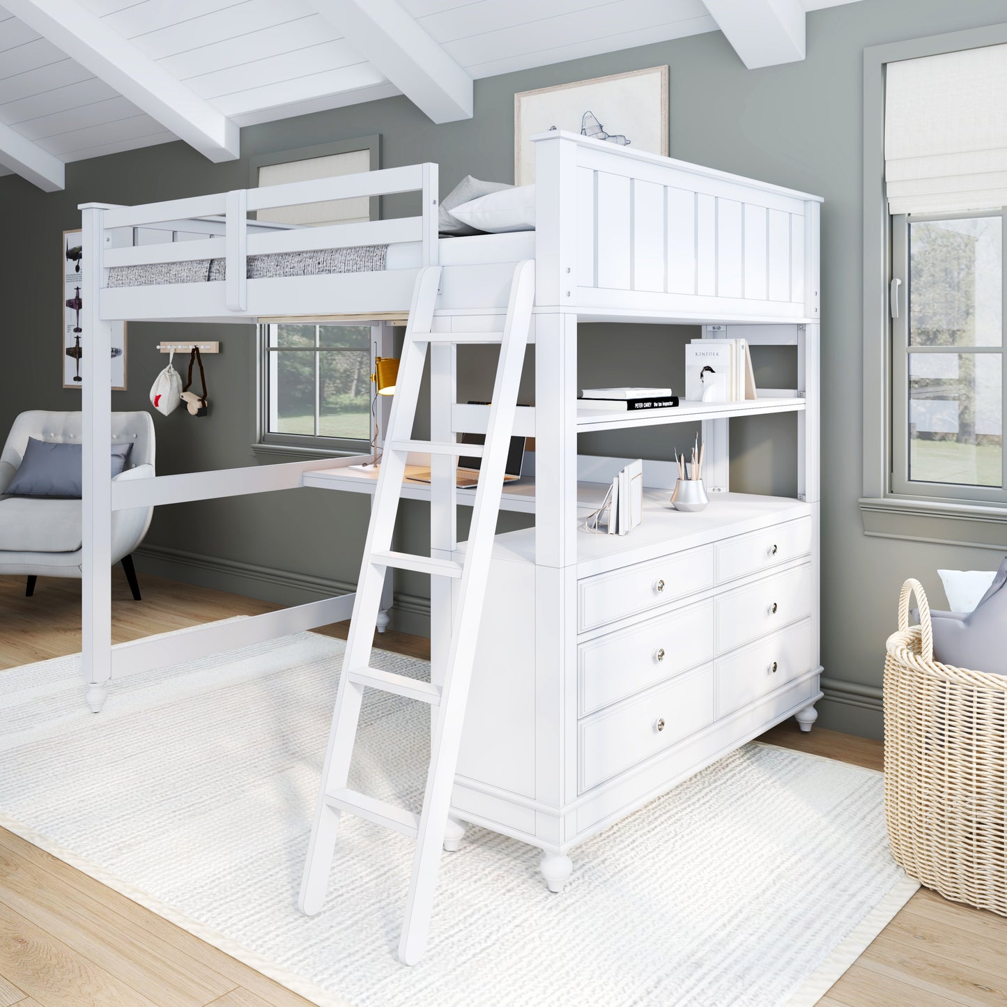 Lake House Wood Loft Bed with Desk
