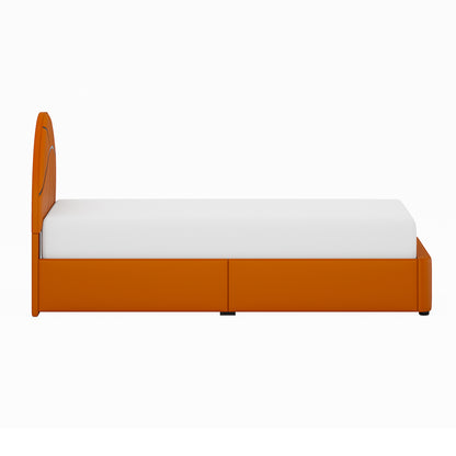 Champion Upholstered Complete Twin Platform Basketball Bed with LED, Orange Faux Leather