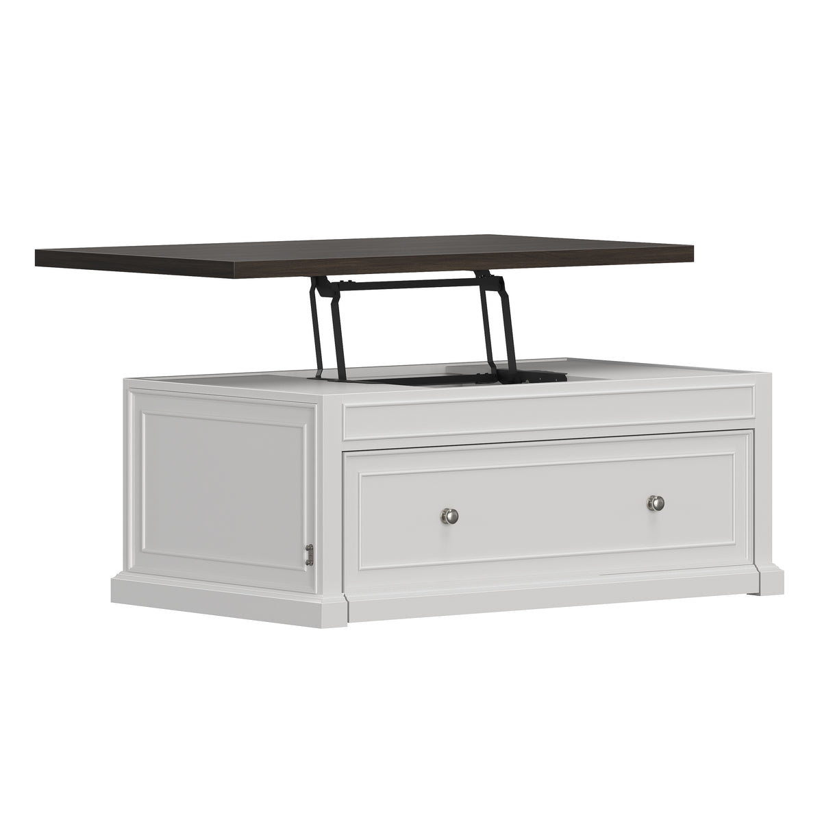 Soren Wood Twin Lift Top Coffee Table Dream Console with Mattress and Cover, White Base and Brown Top