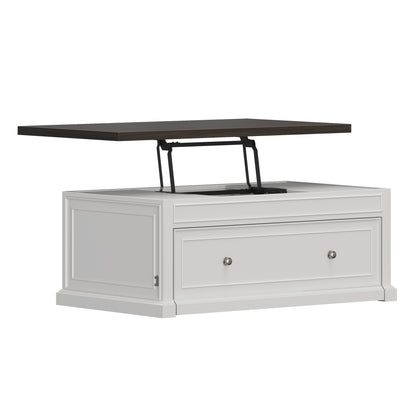 Soren Wood Twin Lift Top Coffee Table Dream Console with Mattress and Cover, White Base and Brown Top