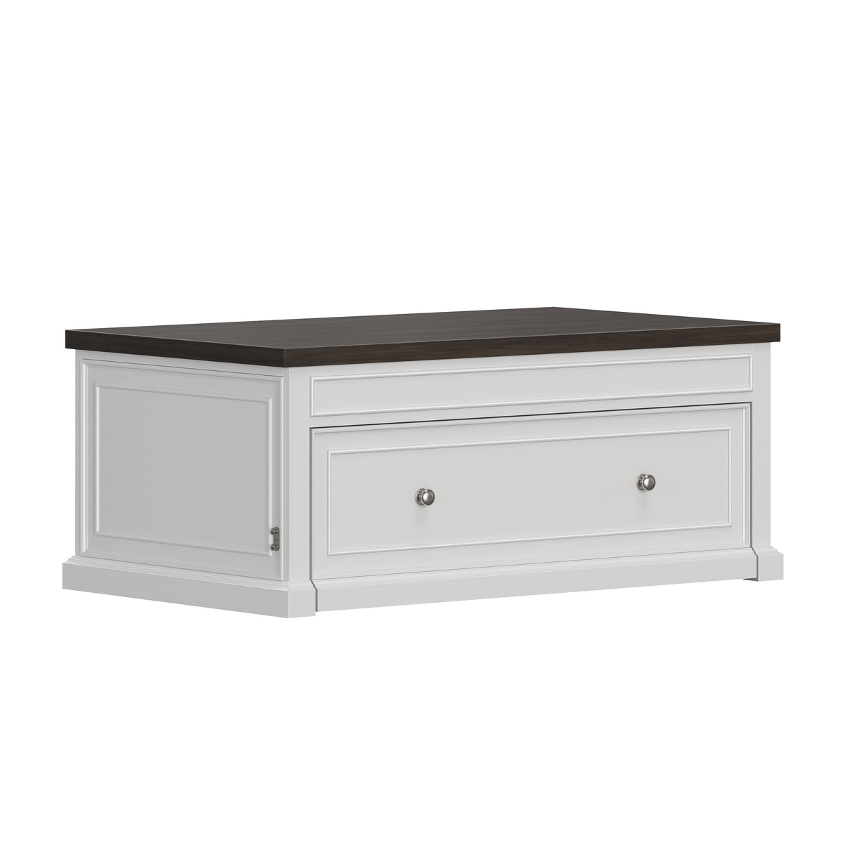 Soren Wood Twin Lift Top Coffee Table Dream Console with Mattress and Cover, White Base and Brown Top