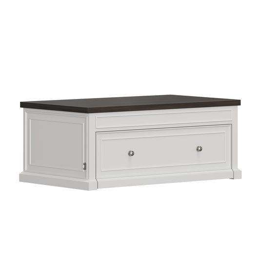 Soren Wood Twin Lift Top Coffee Table Dream Console with Mattress and Cover, White Base and Brown Top
