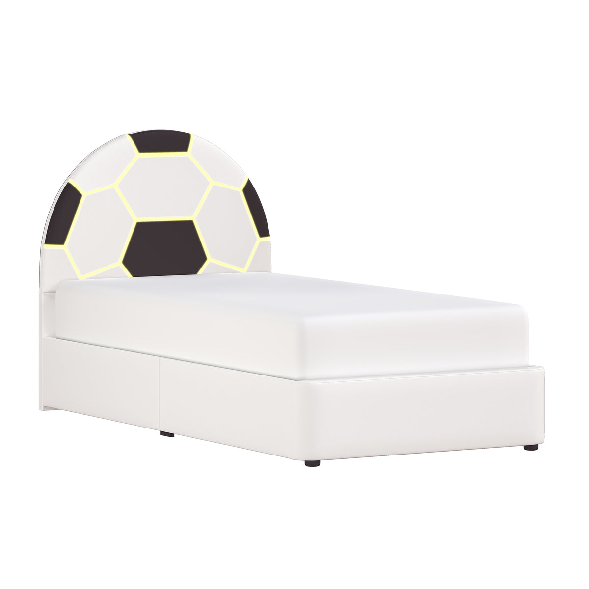 Champion Upholstered Complete Twin Platform Soccer Bed with LED, Black and White PU