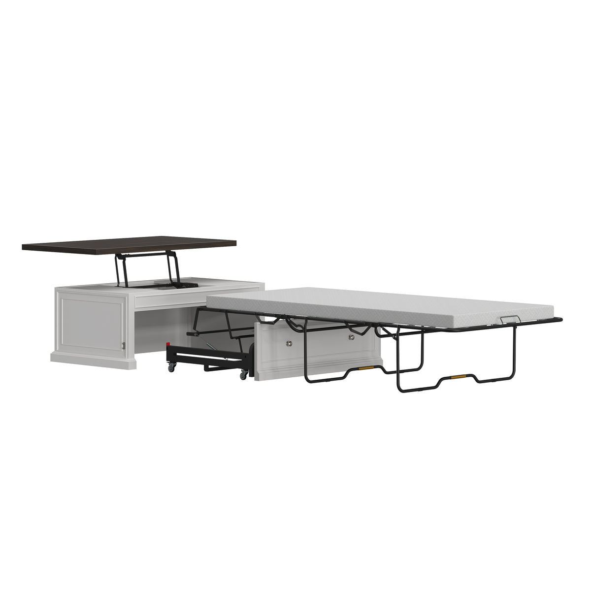 Soren Wood Twin Lift Top Coffee Table Dream Console with Mattress and Cover, White Base and Brown Top
