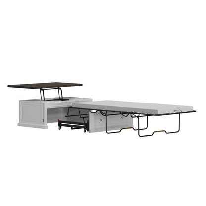 Soren Wood Twin Lift Top Coffee Table Dream Console with Mattress and Cover, White Base and Brown Top