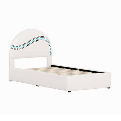 Champion Upholstered Complete Twin Platform Baseball Bed with LED, White PU