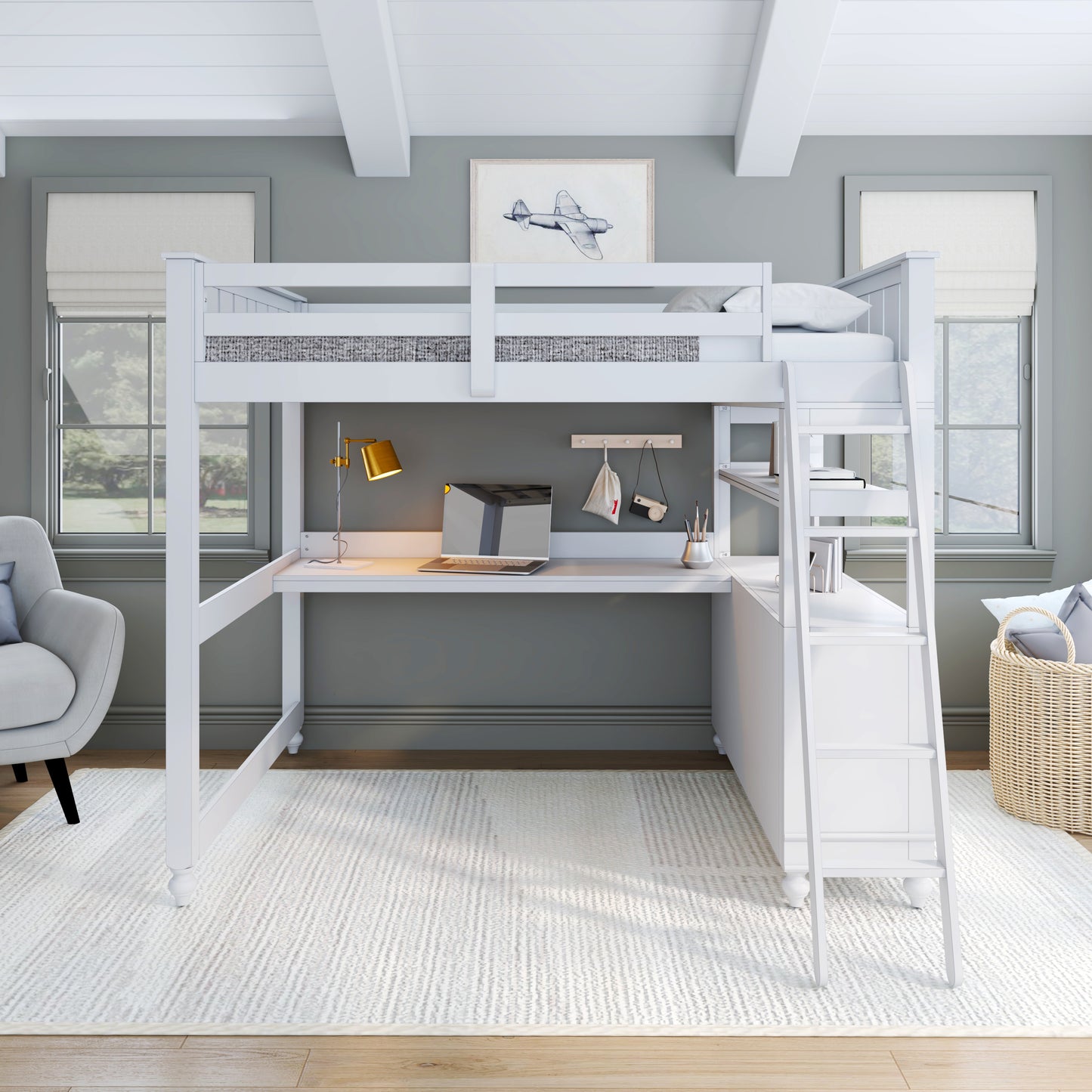 Lake House Wood Loft Bed with Desk