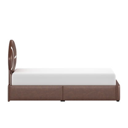 Champion Upholstered Complete Twin Platform Football Bed with LED, Brown Faux Leather