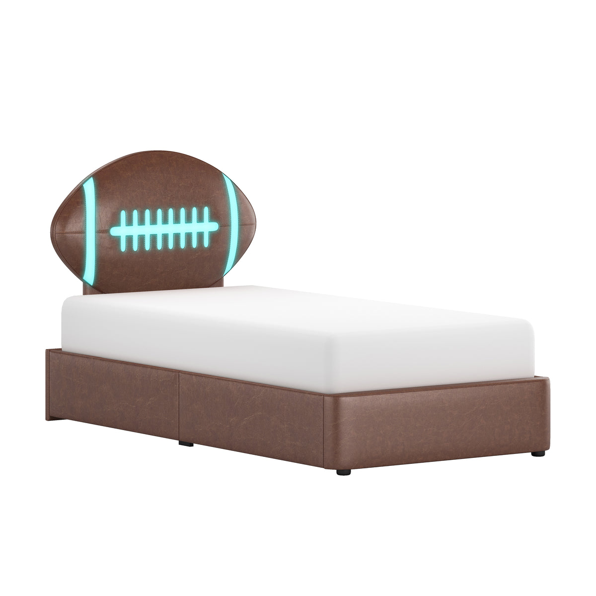Champion Upholstered Complete Twin Platform Football Bed with LED, Brown Faux Leather
