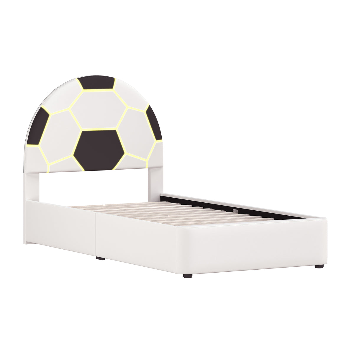 Champion Upholstered Complete Twin Platform Soccer Bed with LED, Black and White PU