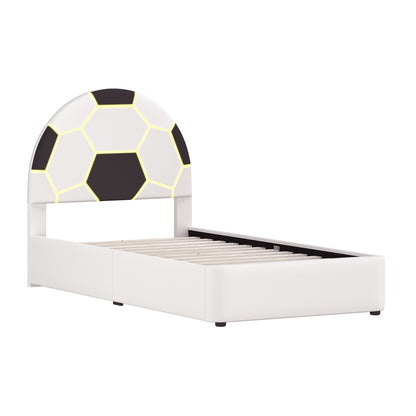 Champion Upholstered Complete Twin Platform Soccer Bed with LED, Black and White PU