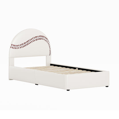 Champion Upholstered Complete Twin Platform Baseball Bed with LED, White PU