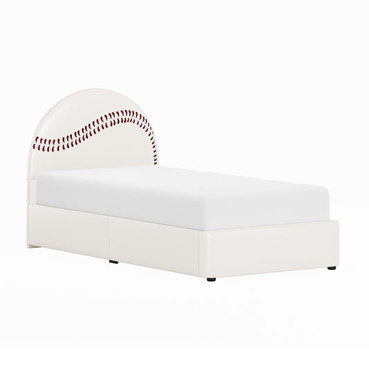 Champion Upholstered Complete Twin Platform Baseball Bed with LED, White PU