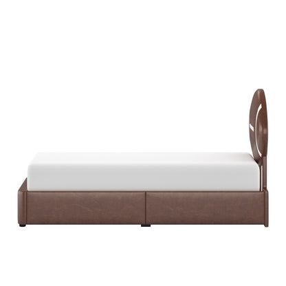 Champion Upholstered Complete Twin Platform Football Bed with LED, Brown Faux Leather