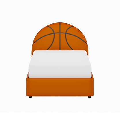 Champion Upholstered Complete Twin Platform Basketball Bed with LED, Orange Faux Leather