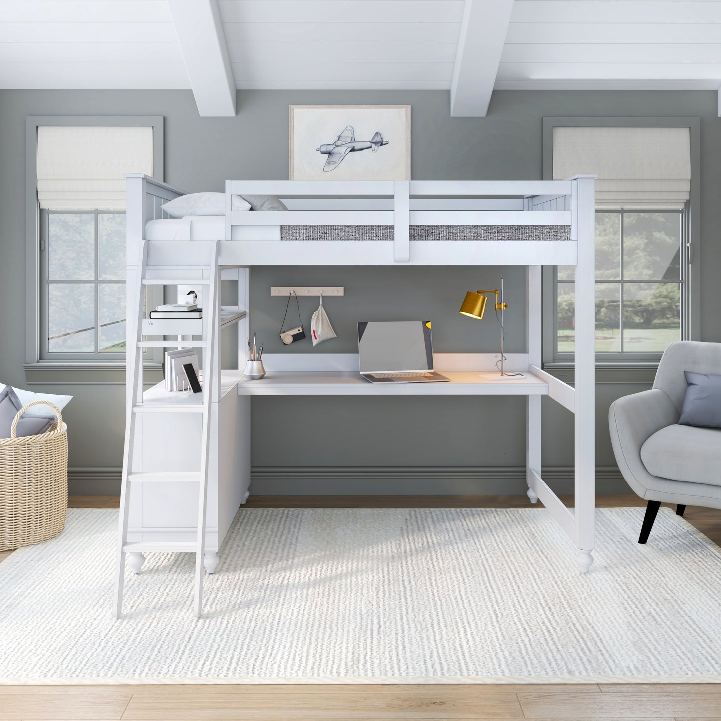 Lake House Wood Loft Bed with Desk