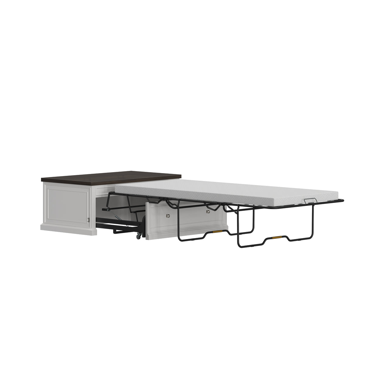 Soren Wood Twin Lift Top Coffee Table Dream Console with Mattress and Cover, White Base and Brown Top