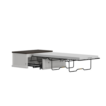 Soren Wood Twin Lift Top Coffee Table Dream Console with Mattress and Cover, White Base and Brown Top